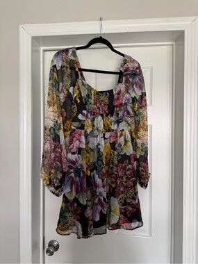 Express Black Floral Mini Dress with Pink and Yellow Blooms